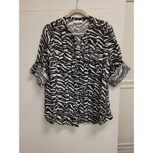 Calvin Klein Top Zebra Print‎ Linen Button Down Shirt Blouse Womens Size